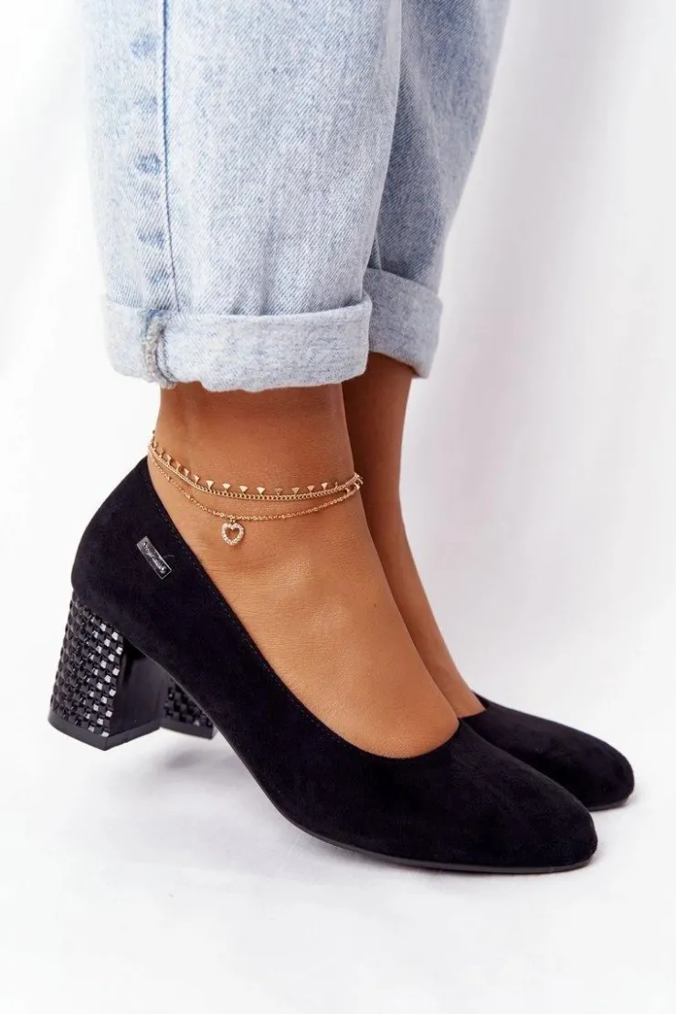 Buty Sergio Leone Czółenka Zamszowe|Czółenka Na Słupku*Zamszowe Czółenka Na Karbowanym Słupku Sergio Leone Czarne