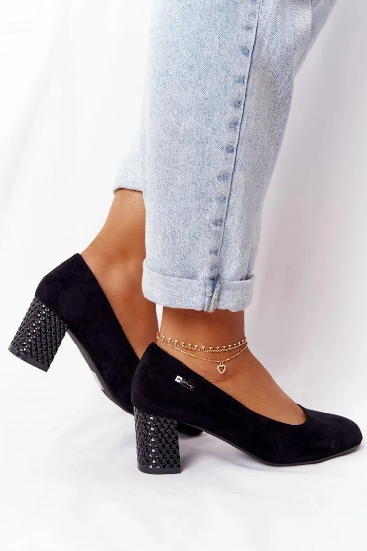 Buty Sergio Leone Czółenka Zamszowe|Czółenka Na Słupku*Zamszowe Czółenka Na Karbowanym Słupku Sergio Leone Czarne