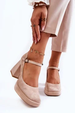 New Boto Zamszowe Czółenka Na Masywnym Obcasie Beżowe Tina