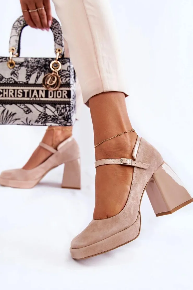 New Boto Zamszowe Czółenka Na Masywnym Obcasie Beżowe Tina