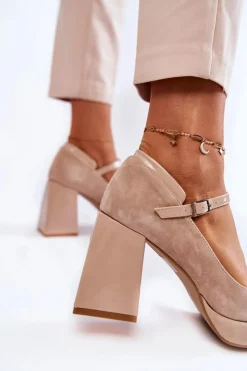 New Boto Zamszowe Czółenka Na Masywnym Obcasie Beżowe Tina