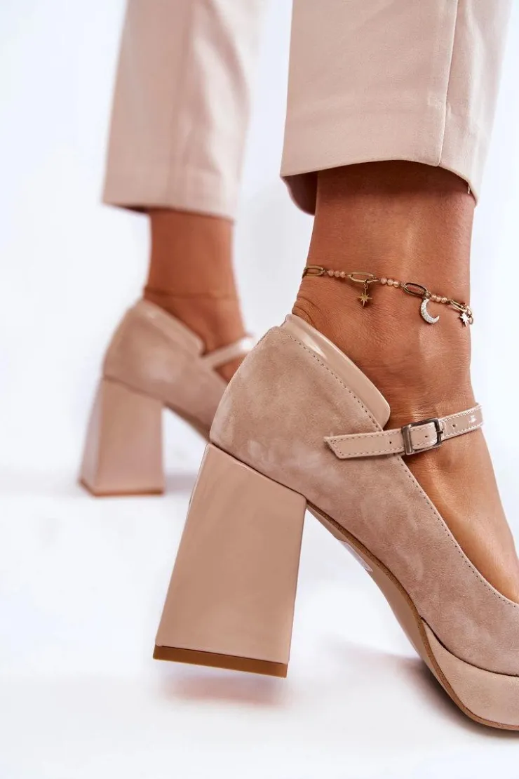 New Boto Zamszowe Czółenka Na Masywnym Obcasie Beżowe Tina