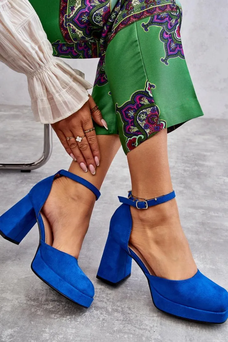 Hot Boto Zamszowe Czółenka Na Masywnym Obcasie I Platformie Niebieskie Diame