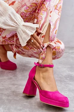 Damskie Boto Zamszowe Czółenka Na Masywnym Obcasie I Platformie Fuksja Diame