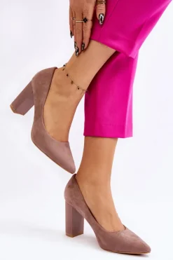 Boto Czółenka Zamszowe|Czółenka Na Słupku*Zamszowe Czółenka Na Modnym Obcasie Beżowe Estellia