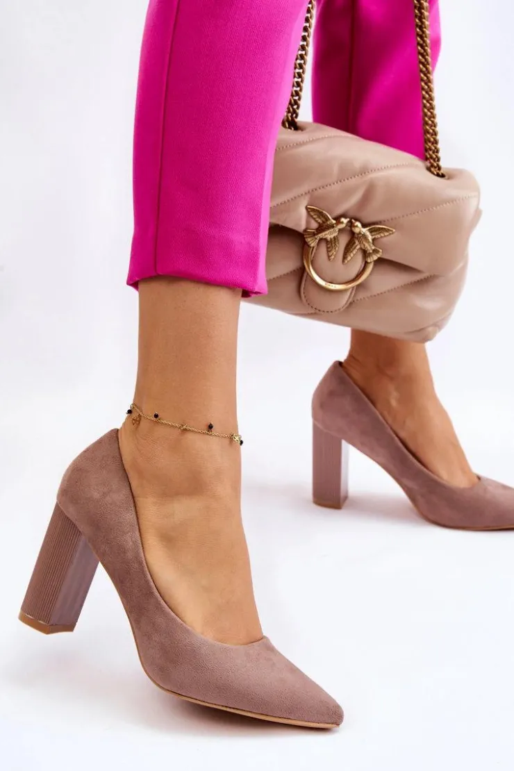 Boto Czółenka Zamszowe|Czółenka Na Słupku*Zamszowe Czółenka Na Modnym Obcasie Beżowe Estellia