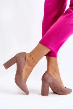 Boto Czółenka Zamszowe|Czółenka Na Słupku*Zamszowe Czółenka Na Modnym Obcasie Beżowe Estellia