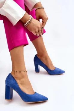 Boto Czółenka Zamszowe|Czółenka Na Słupku*Zamszowe Czółenka Na Modnym Obcasie Niebieskie Estellia
