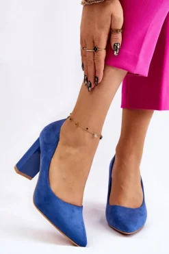 Boto Czółenka Zamszowe|Czółenka Na Słupku*Zamszowe Czółenka Na Modnym Obcasie Niebieskie Estellia