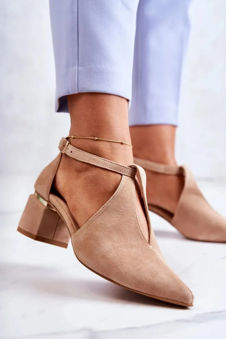 Laura Messi Czółenka Zamszowe|Czółenka Na Słupku*Zamszowe Czółenka Na Obcasie 2309 Jasnobeżowe