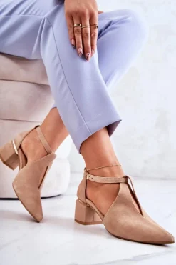 Laura Messi Czółenka Zamszowe|Czółenka Na Słupku*Zamszowe Czółenka Na Obcasie 2309 Jasnobeżowe