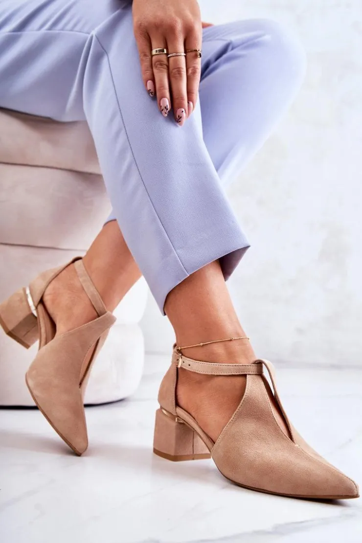 Laura Messi Czółenka Zamszowe|Czółenka Na Słupku*Zamszowe Czółenka Na Obcasie 2309 Jasnobeżowe