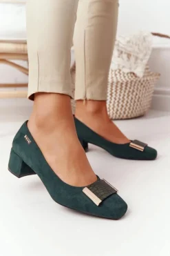 Buty Sergio Leone Czółenka Klasyczne*Zamszowe Czółenka Na Obcasie Sergio Leone PB142 Zielone