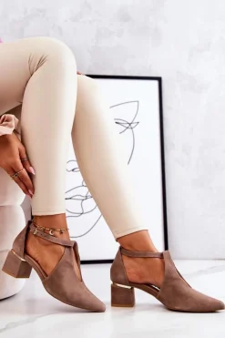 Laura Messi Czółenka Zamszowe|Czółenka Na Słupku*Zamszowe Czółenka Na Obcasie 2309 Beżowe