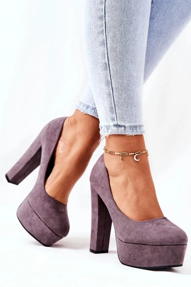 Damskie Boto Zamszowe Czółenka Na Platformie Szare Bemiso