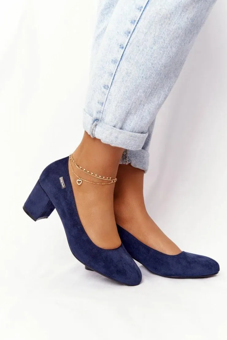 Discount Buty Sergio Leone Zamszowe Czółenka Na Słupku Sergio Leone PB178 Granatowe