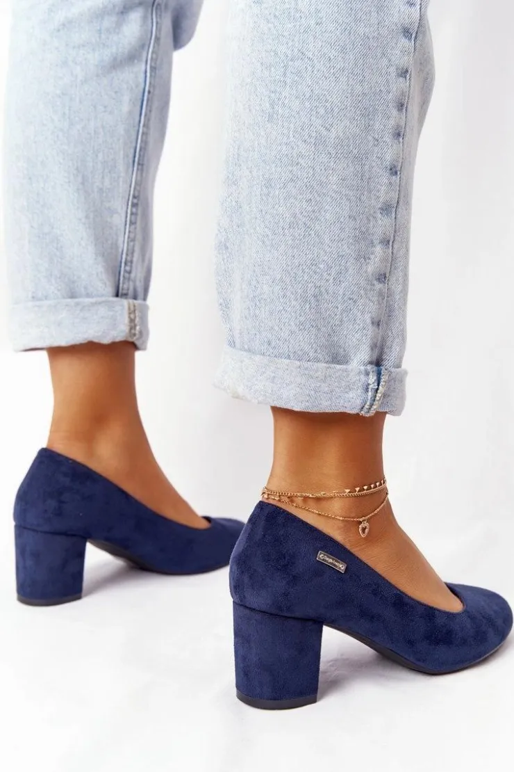 Discount Buty Sergio Leone Zamszowe Czółenka Na Słupku Sergio Leone PB178 Granatowe