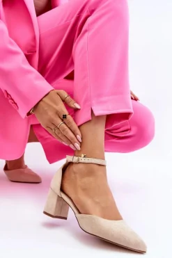 Damskie Boto Zamszowe Czółenka Na Słupku Beżowe Promise