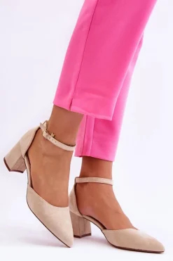 Damskie Boto Zamszowe Czółenka Na Słupku Beżowe Promise