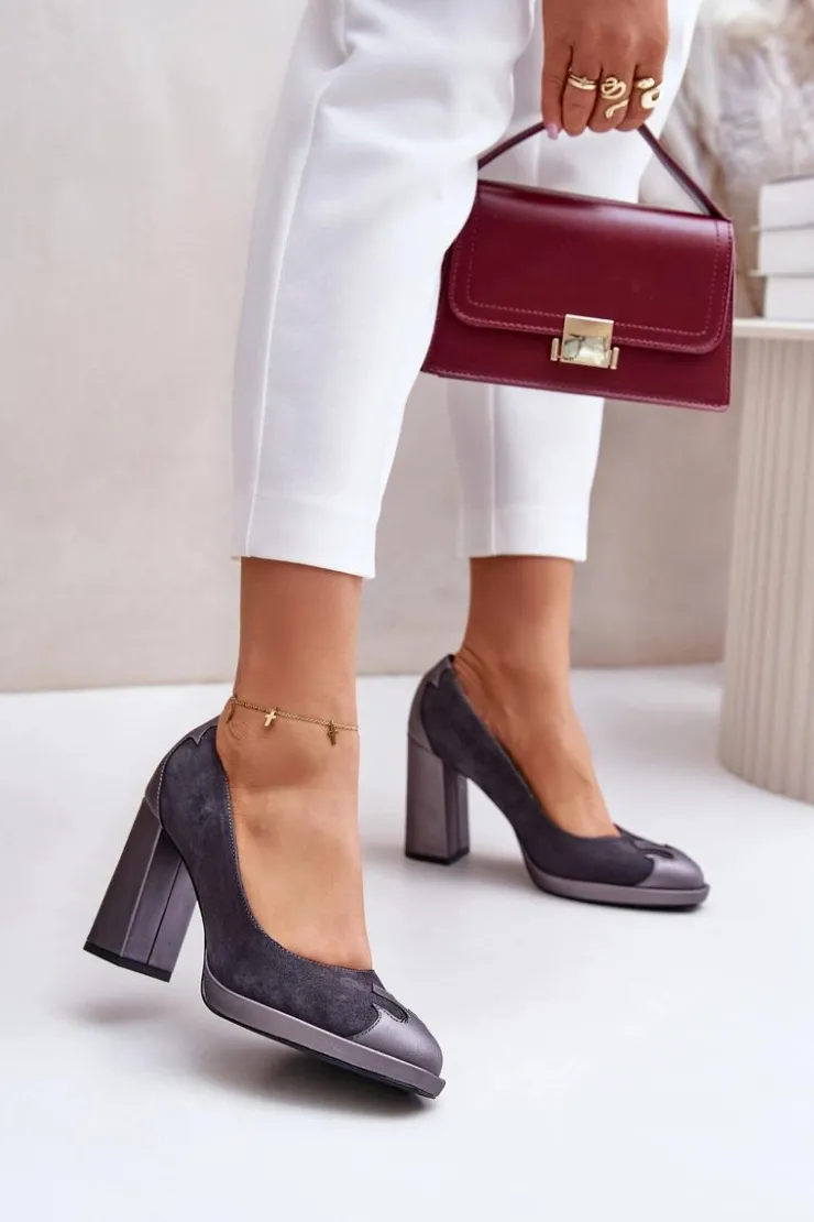 Damskie Laura Messi Zamszowe Czółenka Na Słupku 2702 Szare