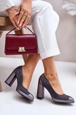 Damskie Laura Messi Zamszowe Czółenka Na Słupku 2702 Szare