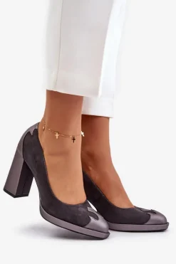 Damskie Laura Messi Zamszowe Czółenka Na Słupku 2702 Szare