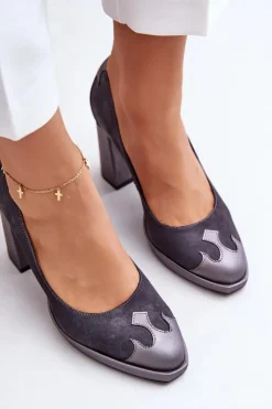 Damskie Laura Messi Zamszowe Czółenka Na Słupku 2702 Szare