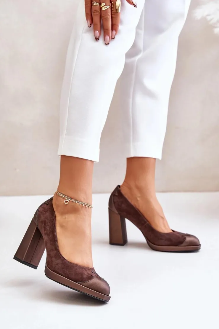 Damskie Laura Messi Zamszowe Czółenka Na Słupku 2702 Brązowe