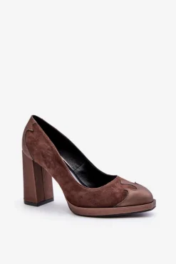 Damskie Laura Messi Zamszowe Czółenka Na Słupku 2702 Brązowe