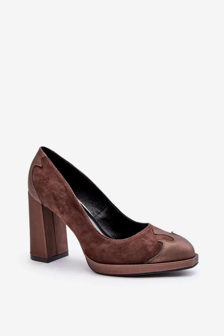 Damskie Laura Messi Zamszowe Czółenka Na Słupku 2702 Brązowe