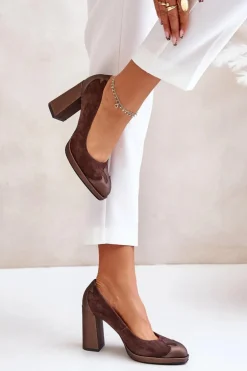 Damskie Laura Messi Zamszowe Czółenka Na Słupku 2702 Brązowe