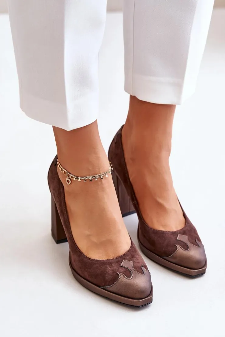 Damskie Laura Messi Zamszowe Czółenka Na Słupku 2702 Brązowe