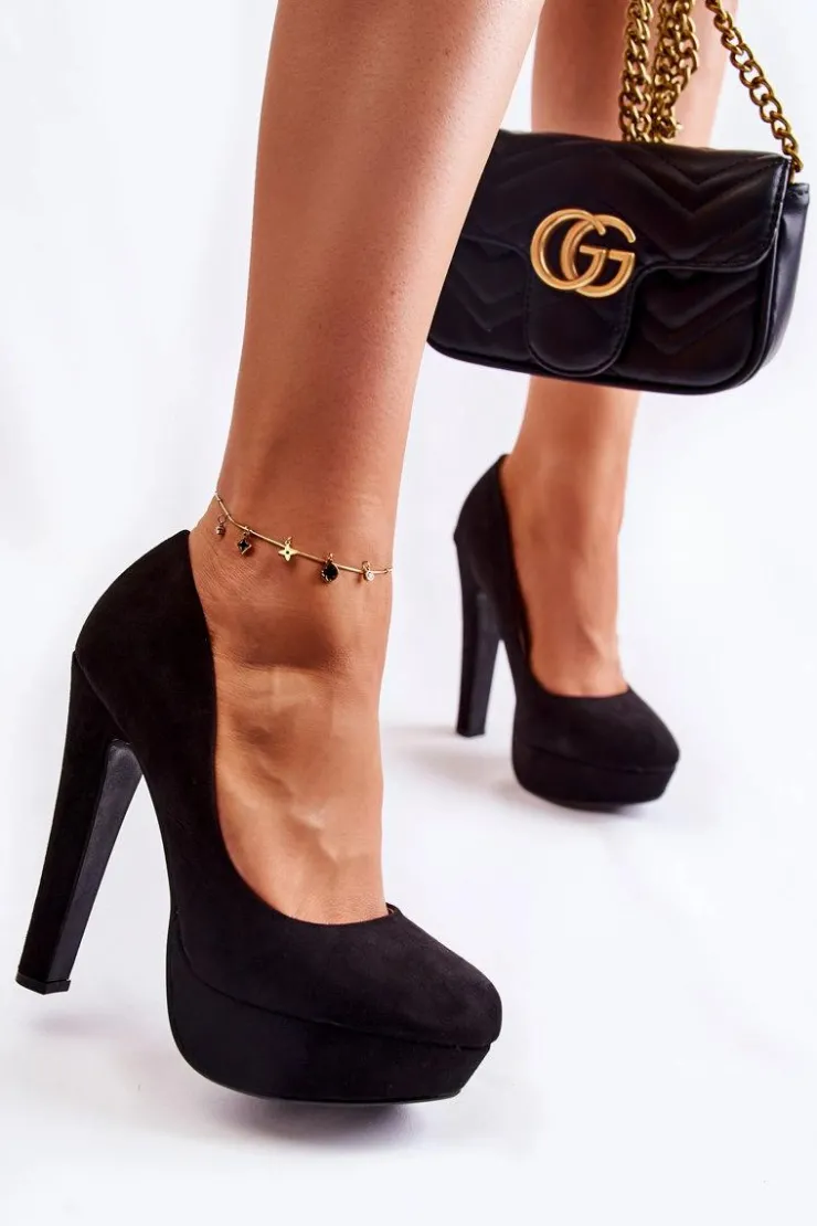 Damskie Boto Zamszowe Czółenka Na Wysokim Obcasie Czarne Santene