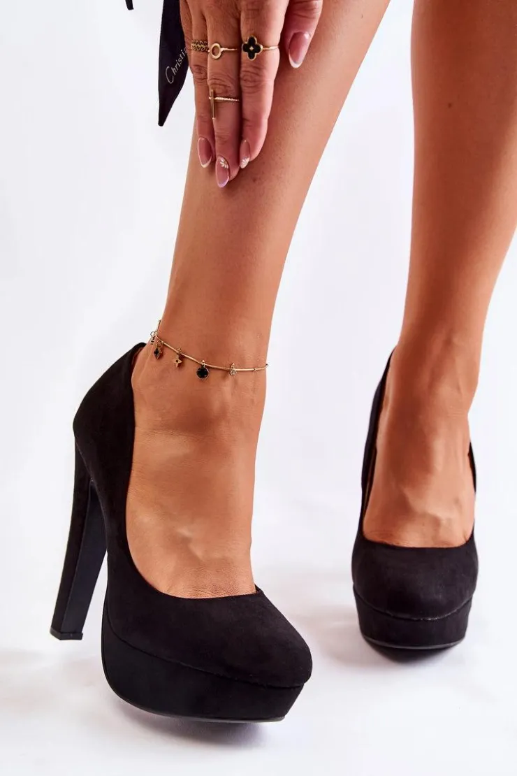 Damskie Boto Zamszowe Czółenka Na Wysokim Obcasie Czarne Santene