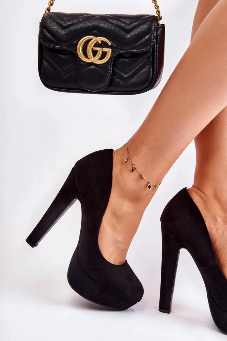 Damskie Boto Zamszowe Czółenka Na Wysokim Obcasie Czarne Santene