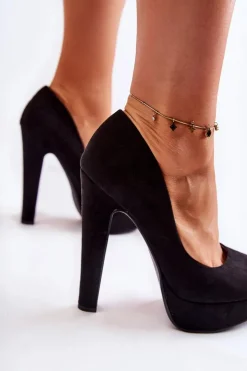 Damskie Boto Zamszowe Czółenka Na Wysokim Obcasie Czarne Santene