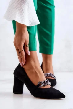 Damskie buty S.Barski Czółenka Zamszowe|Czółenka Na Słupku*Zamszowe Czółenka Z Łańcuchem Czarne Alamoss