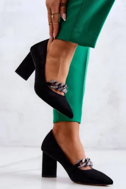 Damskie buty S.Barski Czółenka Zamszowe|Czółenka Na Słupku*Zamszowe Czółenka Z Łańcuchem Czarne Alamoss