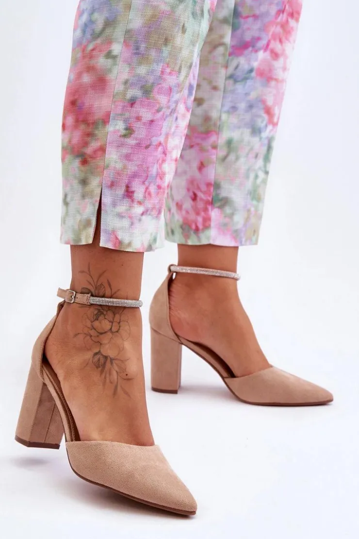 Damskie Boto Zamszowe Czółenka Z Cyrkoniami Ciemnobeżowe Diamond