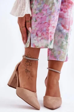 Damskie Boto Zamszowe Czółenka Z Cyrkoniami Ciemnobeżowe Diamond