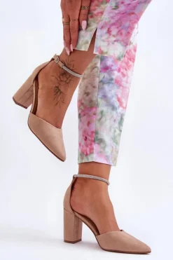 Damskie Boto Zamszowe Czółenka Z Cyrkoniami Ciemnobeżowe Diamond