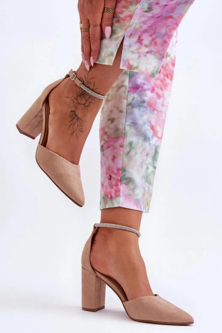 Damskie Boto Zamszowe Czółenka Z Cyrkoniami Ciemnobeżowe Diamond