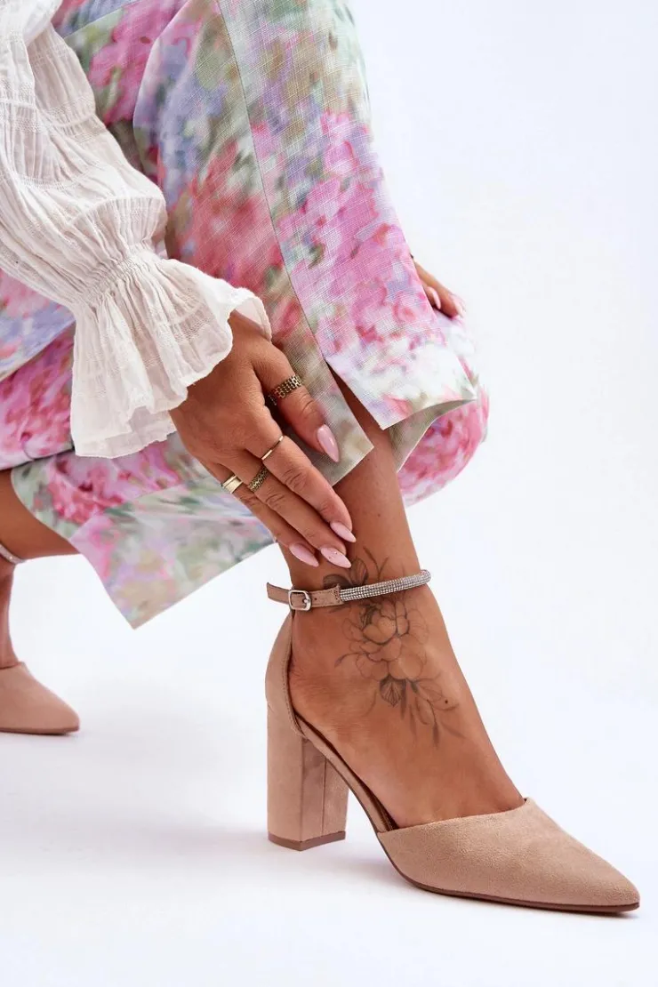 Damskie Boto Zamszowe Czółenka Z Cyrkoniami Ciemnobeżowe Diamond