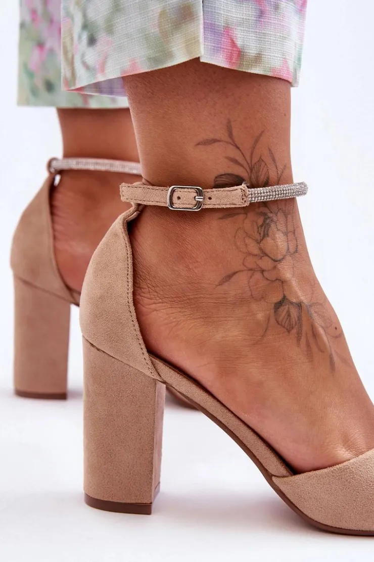 Damskie Boto Zamszowe Czółenka Z Cyrkoniami Ciemnobeżowe Diamond