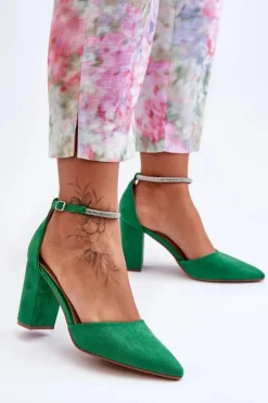 Boto Czółenka Zamszowe|Czółenka Na Słupku*Zamszowe Czółenka Z Cyrkoniami Zielone Diamond