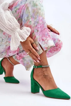 Boto Czółenka Zamszowe|Czółenka Na Słupku*Zamszowe Czółenka Z Cyrkoniami Zielone Diamond