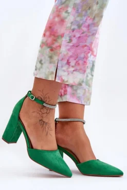 Boto Czółenka Zamszowe|Czółenka Na Słupku*Zamszowe Czółenka Z Cyrkoniami Zielone Diamond