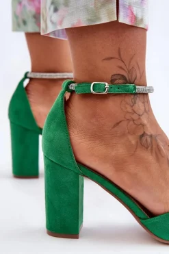 Boto Czółenka Zamszowe|Czółenka Na Słupku*Zamszowe Czółenka Z Cyrkoniami Zielone Diamond