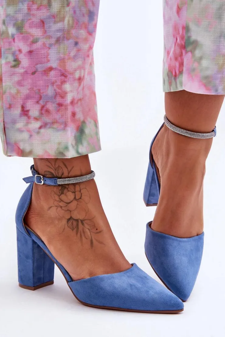 Boto Czółenka Zamszowe|Czółenka Na Słupku*Zamszowe Czółenka Z Cyrkoniami Niebieskie Diamond