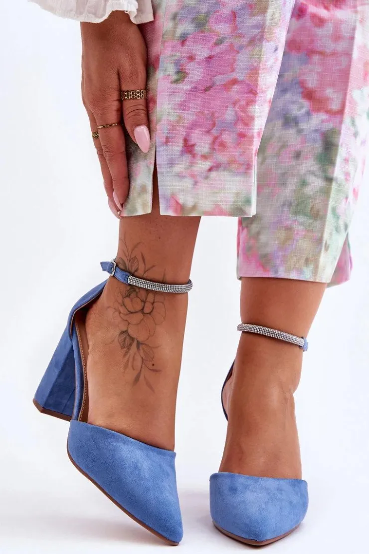 Boto Czółenka Zamszowe|Czółenka Na Słupku*Zamszowe Czółenka Z Cyrkoniami Niebieskie Diamond